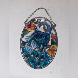 Peacock stained glass window hanging sun catcher with chain